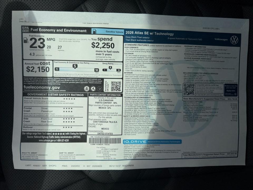 2026 Volkswagen Atlas 2.0T SE w/Technology