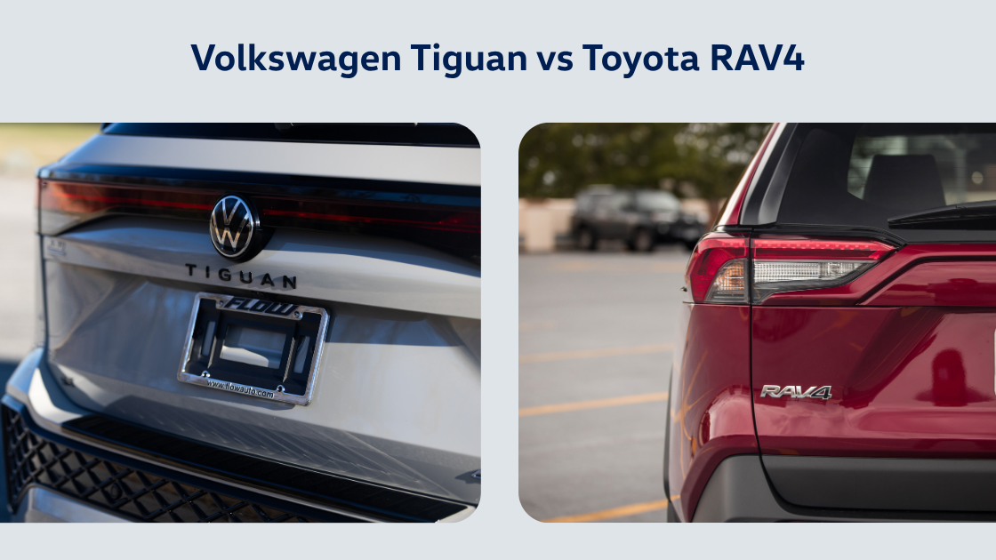Rear of a new VW Tiguan next to the rear of a red Toyota RAV4